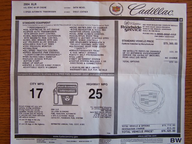 2004 Cadillac XLR - Serial Number 2215 - Window Sticker