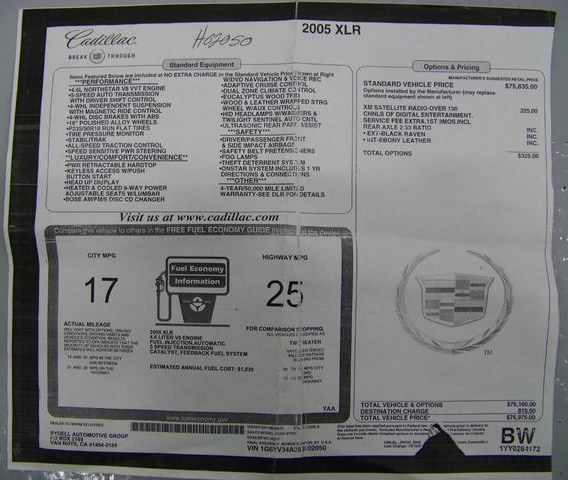 2005 Cadillac XLR #2050 Window Sticker