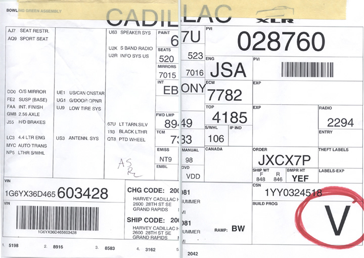 2006 Cadillac XLR-V Build Sheet #3428