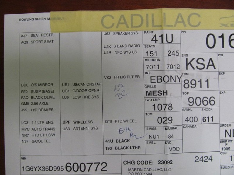 2009 Cadillac XLR-V #772 Build Sheet