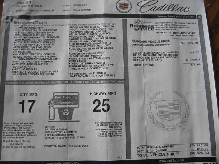 2004 Cadillac XLR #2299 Window Sticker