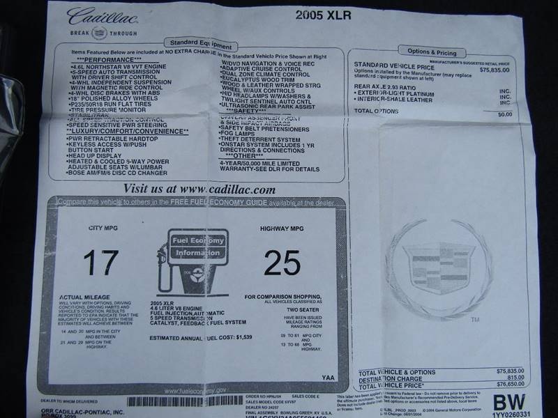 2005 Cadillac XLR Number 1462 Window Sticker