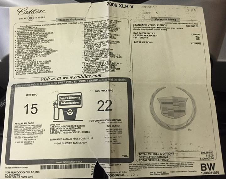 2006 Cadillac XLR-V, Serial Number 2535, Window Sticker