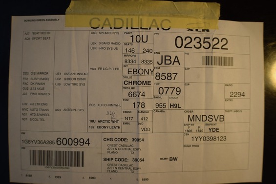 2008 Cadillac XLR Build Sheet - Number 994