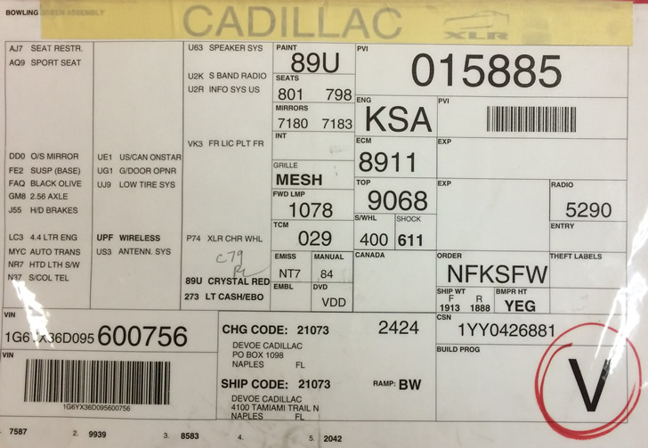 2009 Cadillac XLR-V #756 Build Sheet